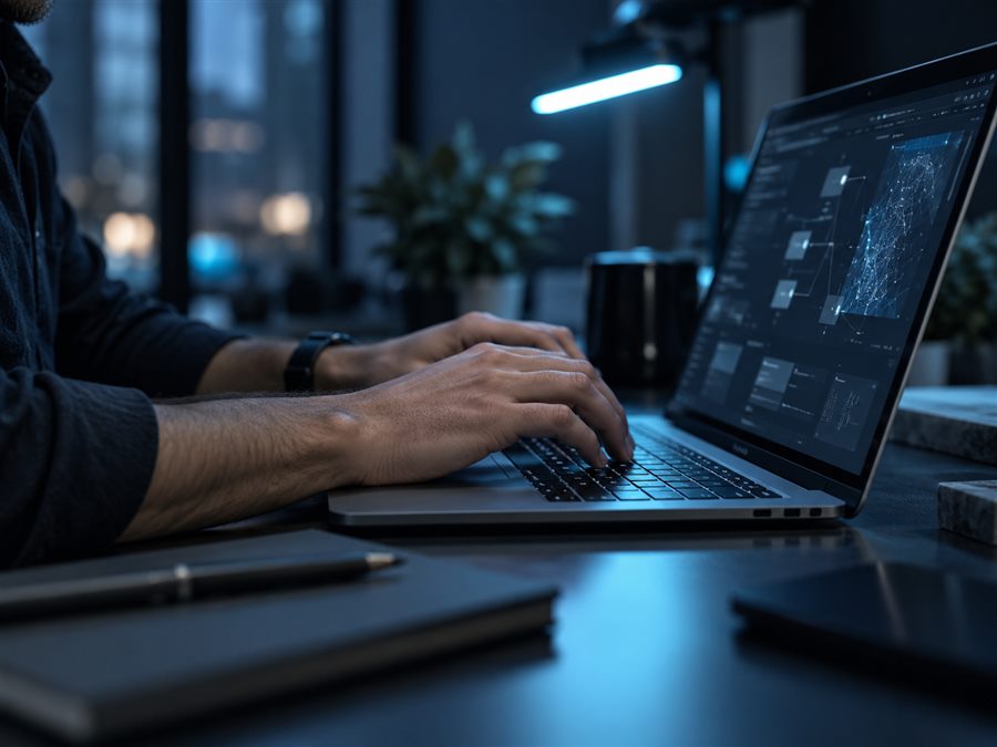 Specialist working on a laptop in a dark workspace