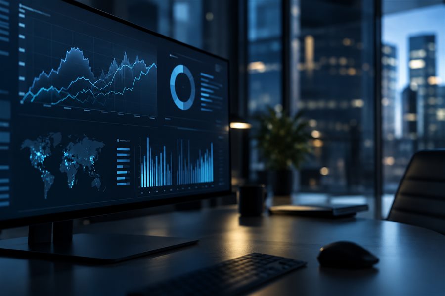 Marketing analytics screens in a dark workspace