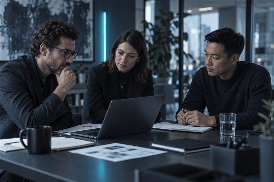 Colleagues discussing business operations in a modern office